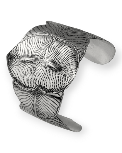 Birdie by Nina Liddle Design silver-toned metal cuff bracelet featuring a detailed eucalyptus leaf pattern