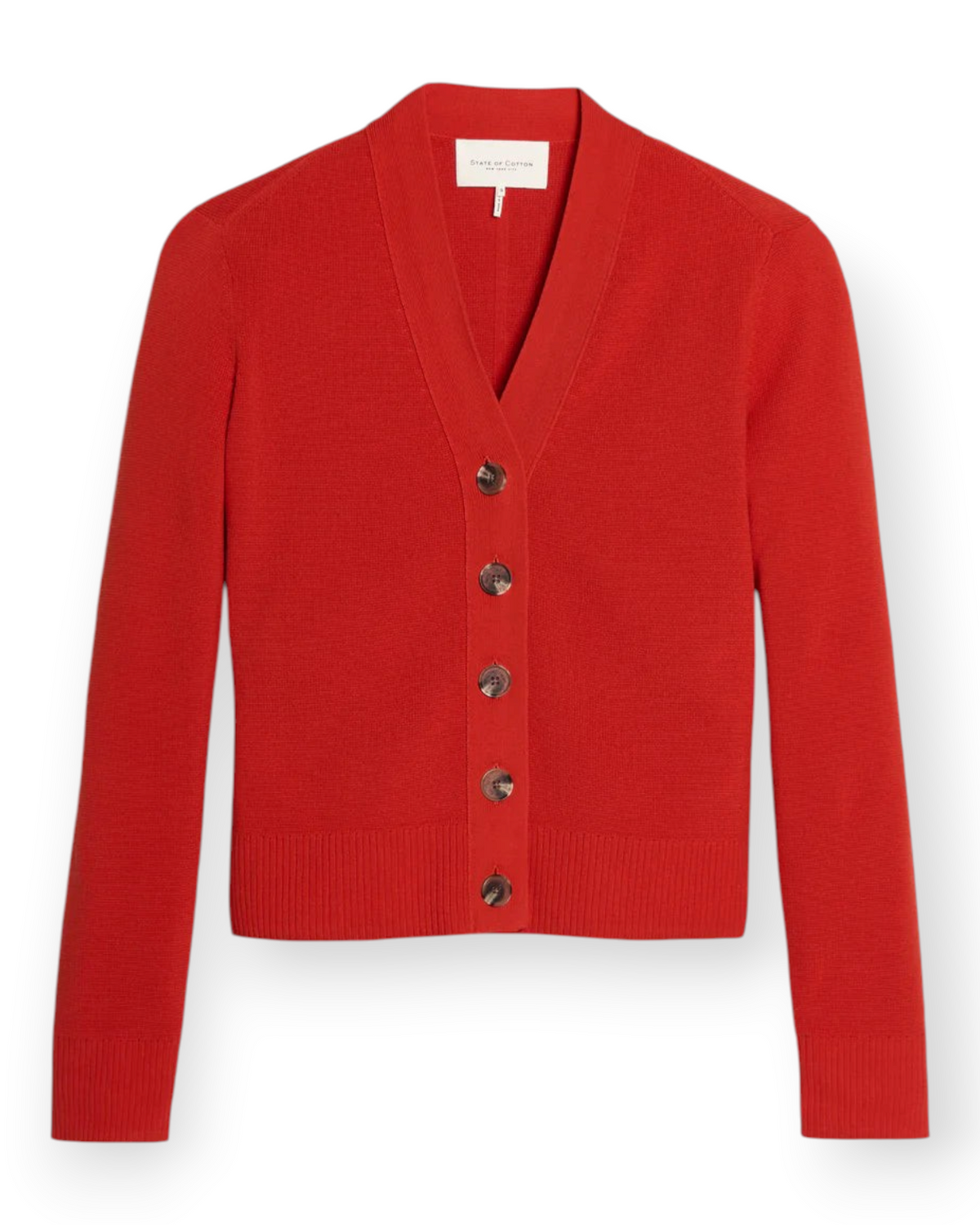 Birdie by Nina Liddle Design red slim-fit Egyptian cotton cardigan with button-front closure and ribbed trim.