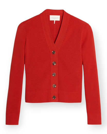 Birdie by Nina Liddle Design red slim-fit Egyptian cotton cardigan with button-front closure and ribbed trim.