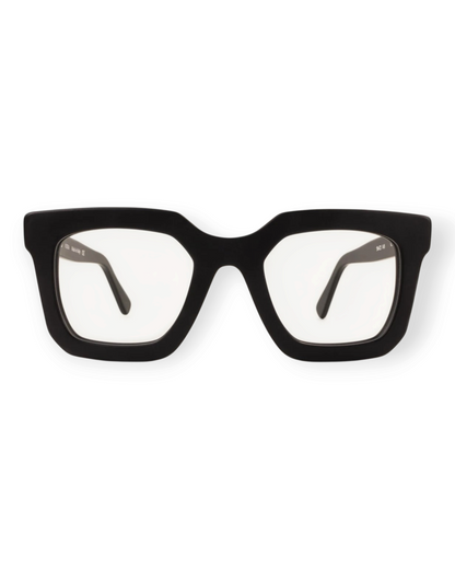 Birdie by Nina Liddle Design Nora oversized black acetate reading glasses with a bold, sculptural square frame.