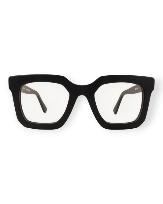 Birdie by Nina Liddle Design Nora oversized black acetate reading glasses with a bold, sculptural square frame.