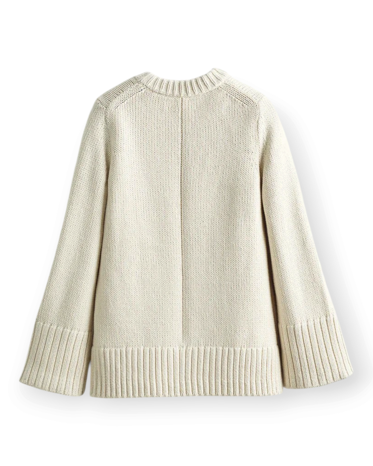Birdie by Nina Liddle Design cream Turkish cotton crewneck sweater with bell sleeves and ribbed hem, back view.