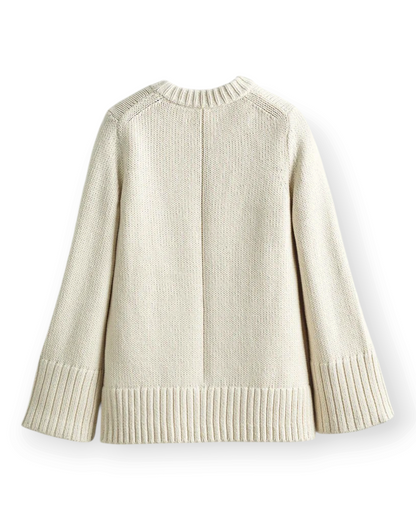 Birdie by Nina Liddle Design cream Turkish cotton crewneck sweater with bell sleeves and ribbed hem, back view.