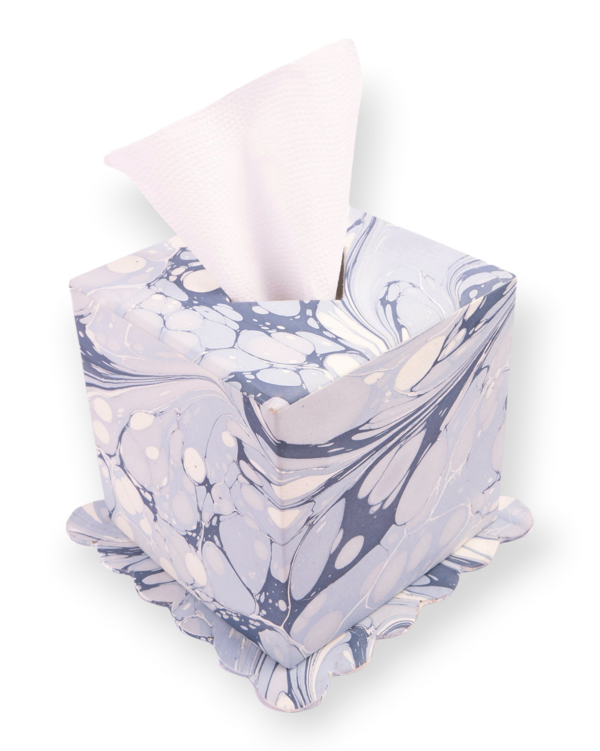 Birdie by Nina Liddle Design hand-marbled tissue box cover in ocean wave blue with a decorative scalloped base.