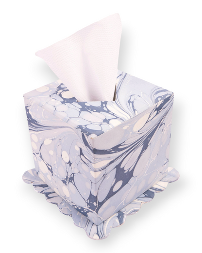 Birdie by Nina Liddle Design hand-marbled tissue box cover in ocean wave blue with a decorative scalloped base.