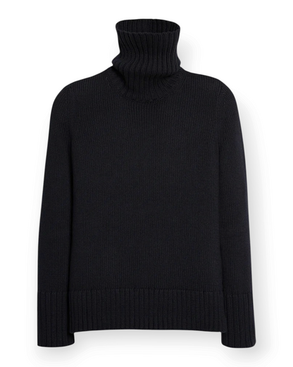 Birdie by Nina Liddle Design Wynn black cotton turtleneck sweater with ribbed collar, cuffs, and hem.