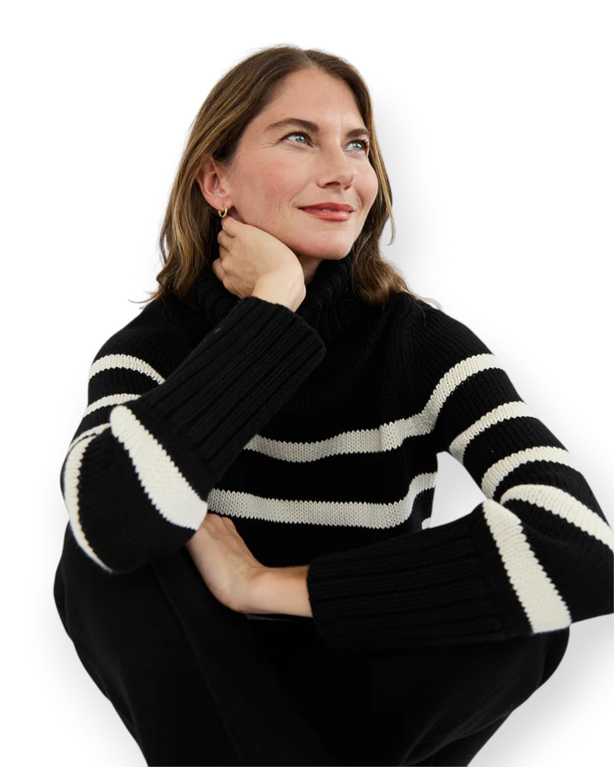 Birdie by Nina Liddle Design Wynn striped cotton turtleneck sweater in black and white with bold ribbed texture.