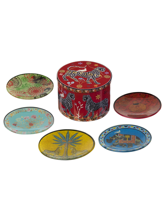 Round Tin 5 Glass Plate Set