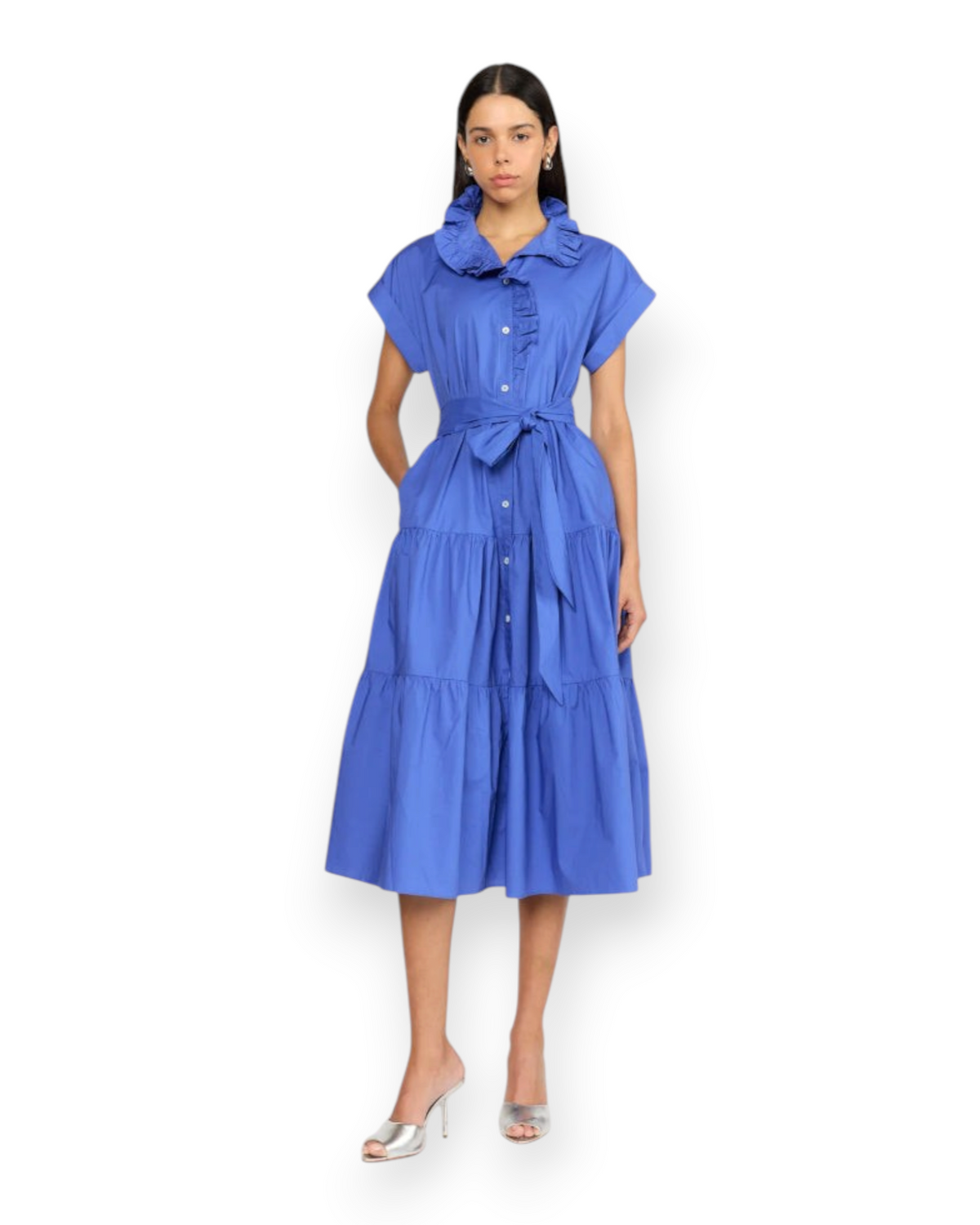 Birdie by Nina Liddle Design Jonah dress in blue cotton poplin with ruffled collar, tie waist, and tiered skirt.