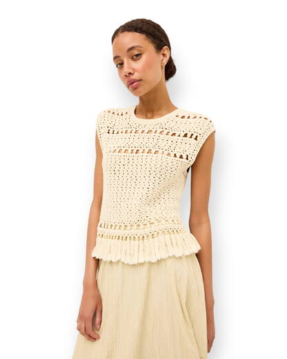 Birdie by Nina Liddle Design Mira Top in cream cotton crochet with cap sleeves, crew neck, and tassel hem detail.