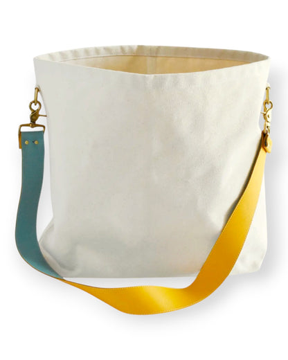 Tote Bag with Leather Strap Mustard & Turquoise