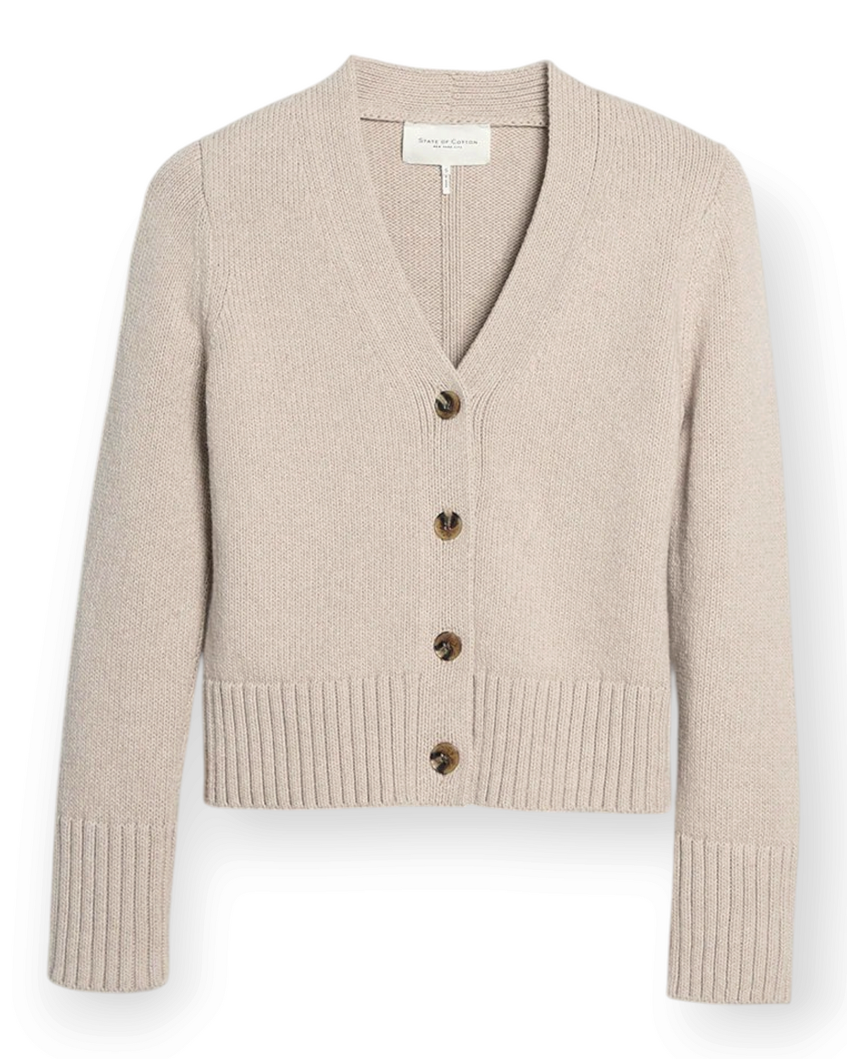 Birdie by Nina Liddle Design Peyton Cardigan in beige Turkish cotton with a V-neck and tortoise-hued buttons.