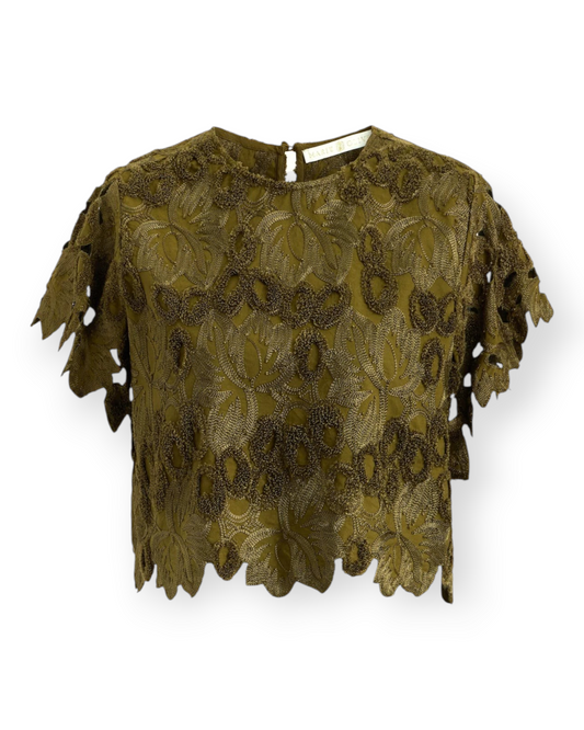 Birdie by Nina Liddle Design Pelumi top in clover green cotton with intricate embroidered cut-out sleeve details.