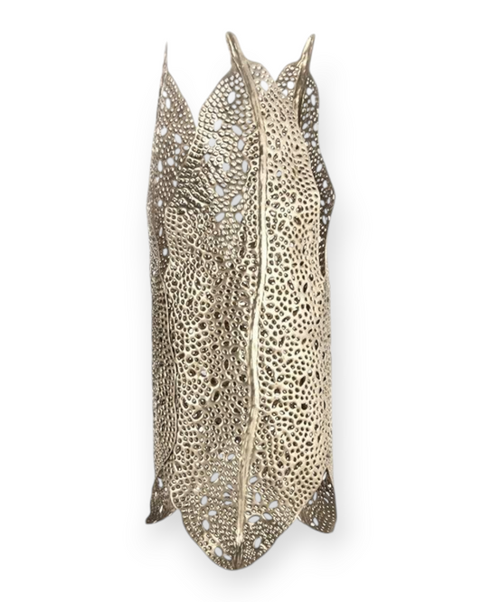 Birdie by Nina Liddle Design hand forged metal sea kelp votive candle holder with intricate leaf pattern texture.