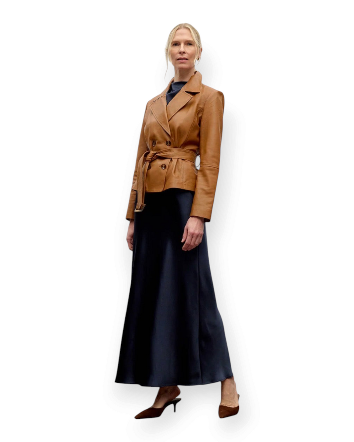 Birdie by Nina Liddle Design tan lambskin leather jacket with belted waist and notched lapels worn with a maxi skirt