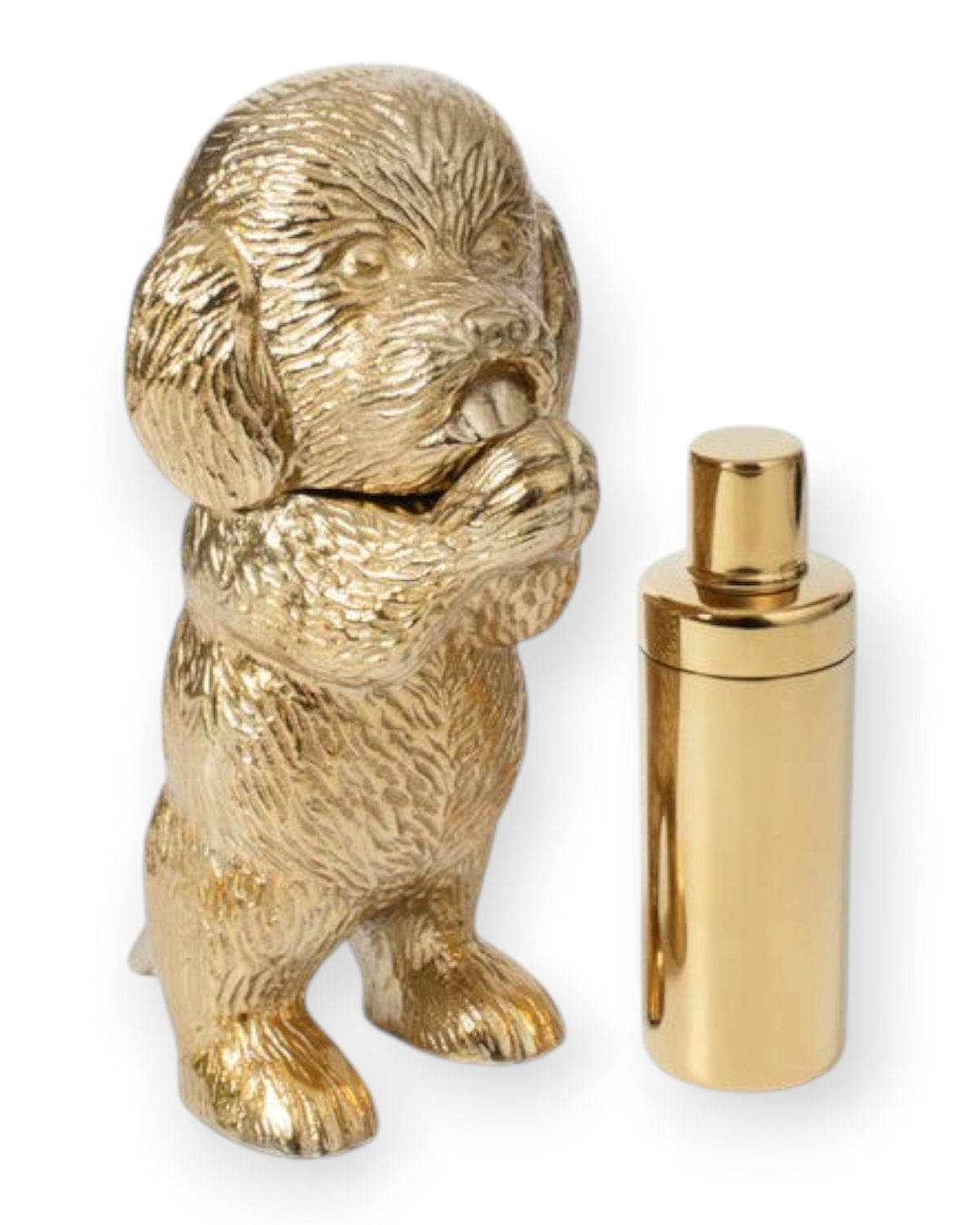 Birdie by Nina Liddle Design brass dog-shaped cocktail shaker with removable head and separate metal shaker insert