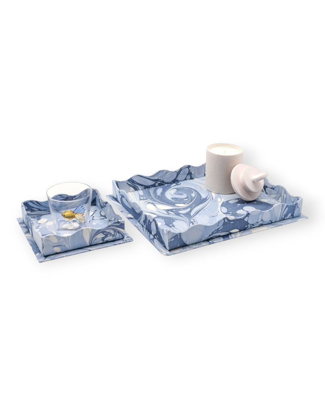 Hand-Marbled Scalloped NestingTrays Ocean Wave