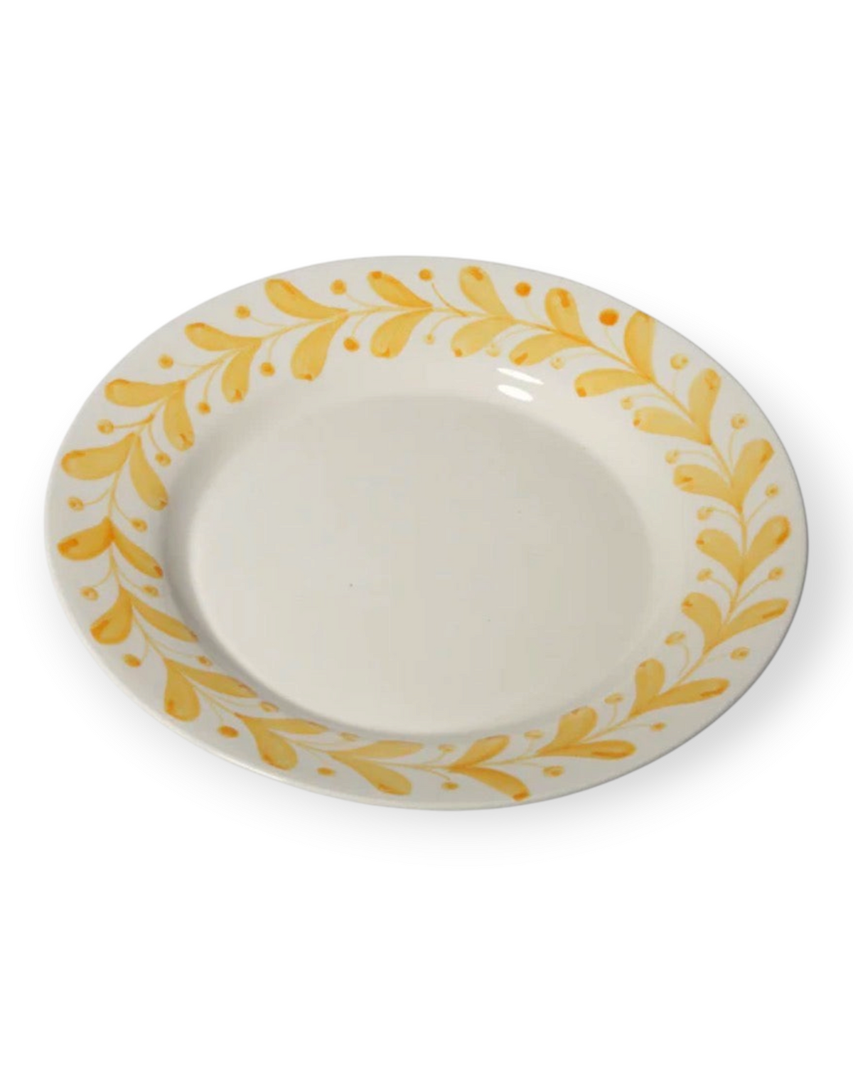 Birdie by Nina Liddle Design Anna ceramic dessert plate with hand-painted yellow olive leaf pattern on white rim