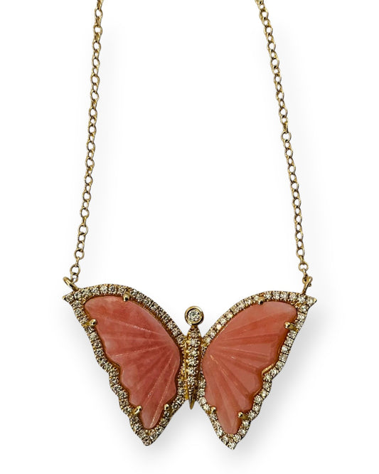 Pleated Top Diamond Trim Butterfly Necklace Baby blue