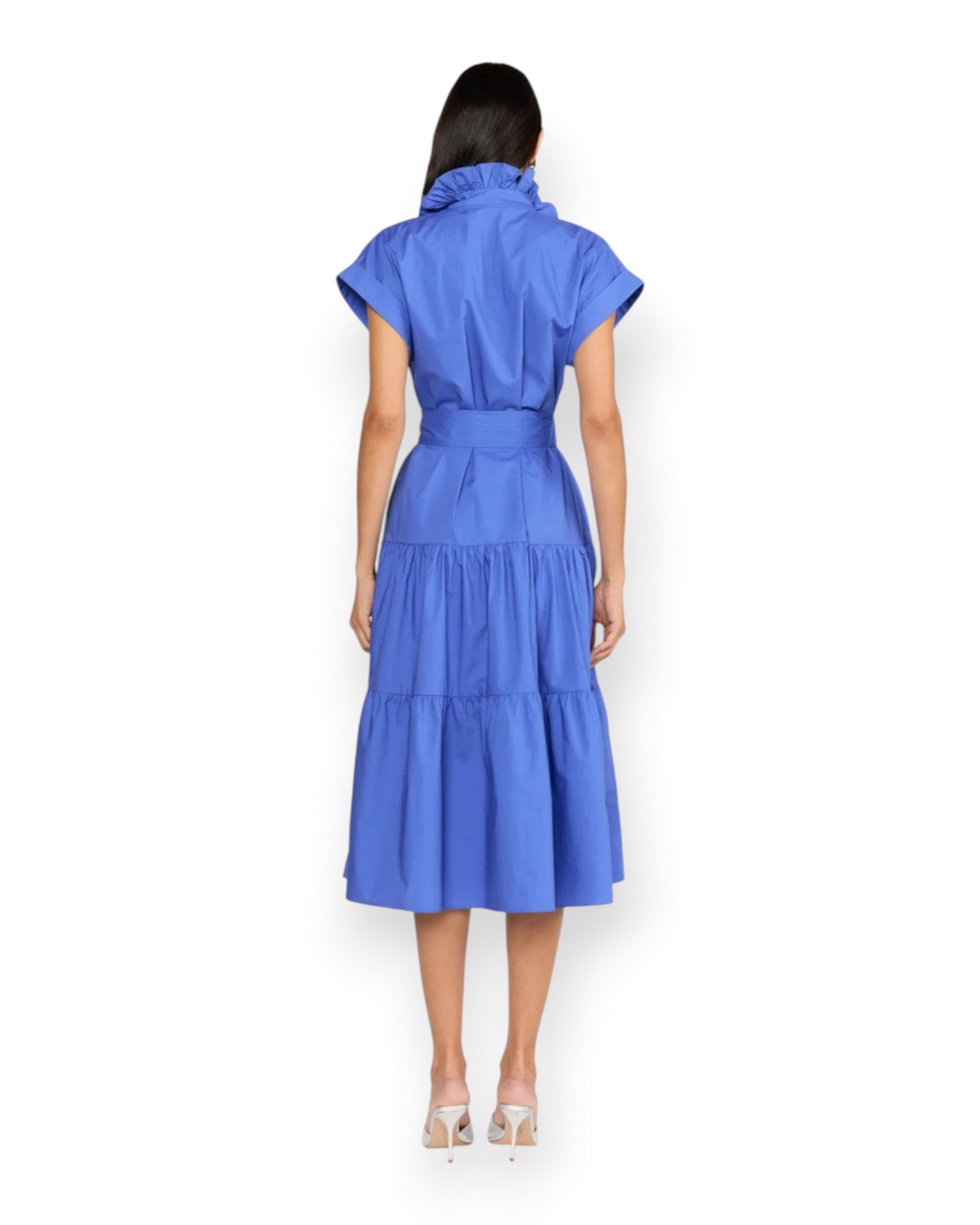 Back view of Birdie by Nina Liddle Design Jonah dress in blue cotton poplin with ruffled collar and tiered skirt.