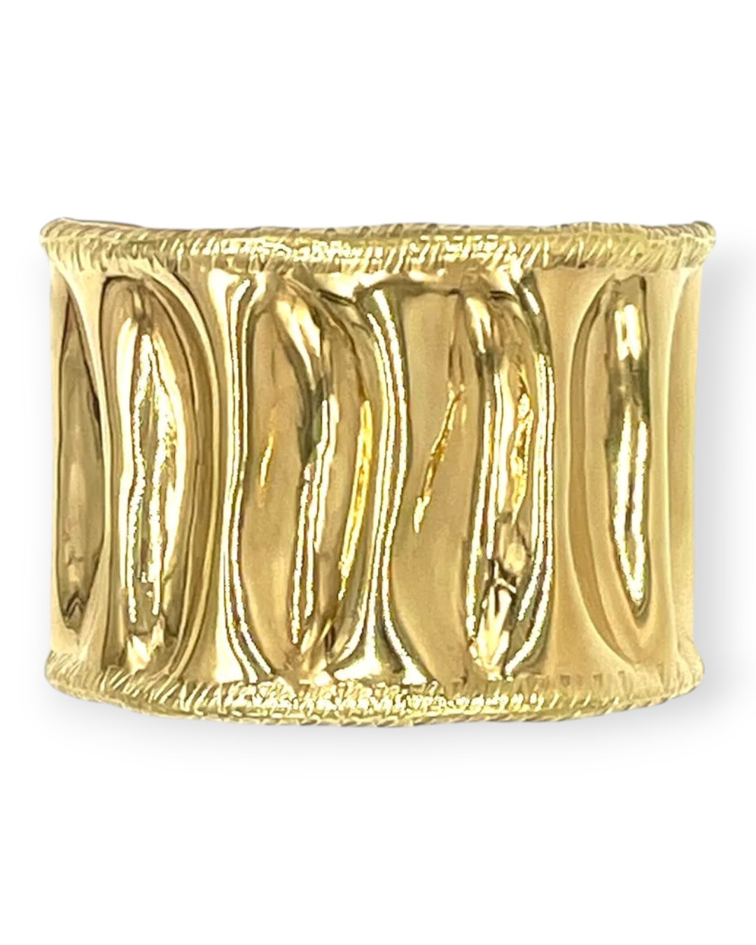 Birdie by Nina Liddle Design Chuk Chuk seed pod cuff bracelet in gold-toned copper, nickel, and zinc alloy.