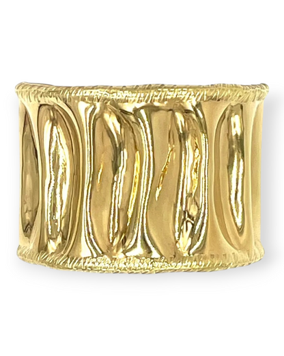 Birdie by Nina Liddle Design Chuk Chuk seed pod cuff bracelet in gold-toned copper, nickel, and zinc alloy.