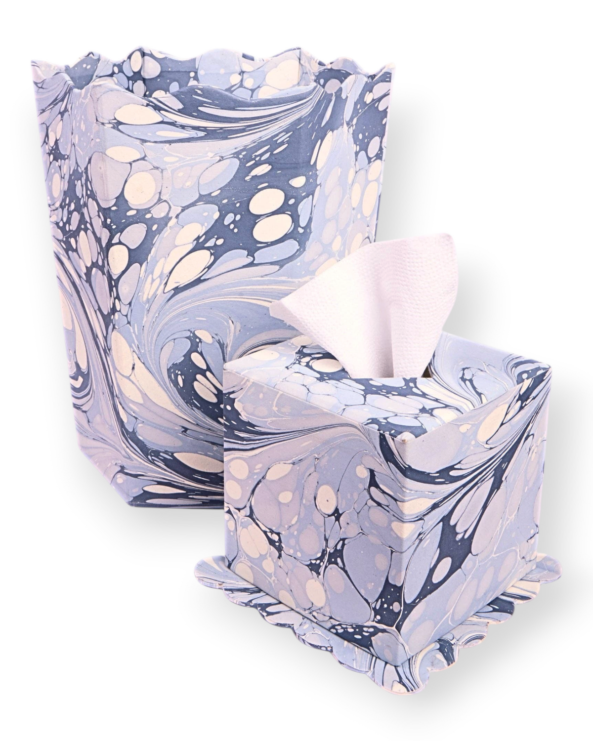 Birdie by Nina Liddle Design hand-marbled scallop tissue box cover in blue and white ocean wave recycled cotton paper