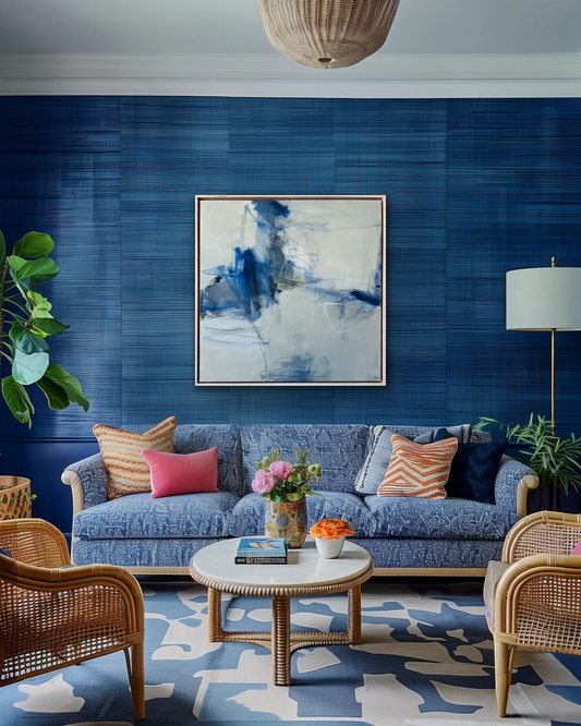 Birdie by Nina Liddle Design Breaching abstract mixed media painting in a maple frame hanging on a blue textured wall.