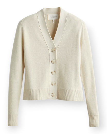 Birdie by Nina Liddle Design Perry Cardigan in cream Egyptian cotton with a V-neck and button-front closure.