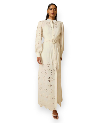 Birdie by Nina Liddle Design white schiffli cutwork cambric cotton midi shirt dress with a buckled belt