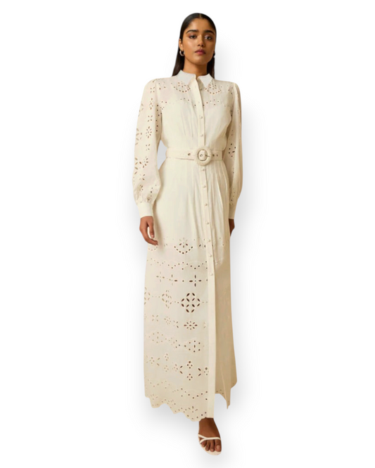 Birdie by Nina Liddle Design white schiffli cutwork cambric cotton midi shirt dress with a buckled belt