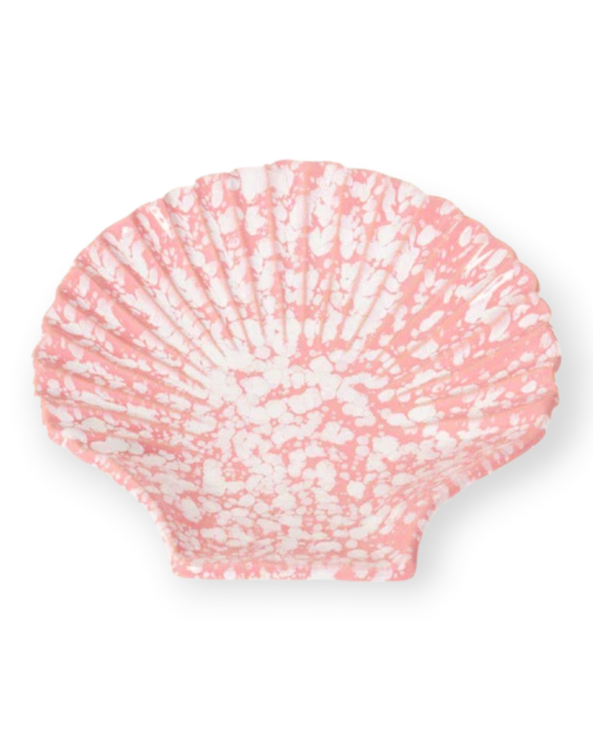 Birdie by Nina Liddle Design Concha ceramic dessert plate in a pink and white speckled seashell shape.