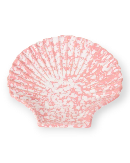 Birdie by Nina Liddle Design Concha ceramic dessert plate in a pink and white speckled seashell shape.