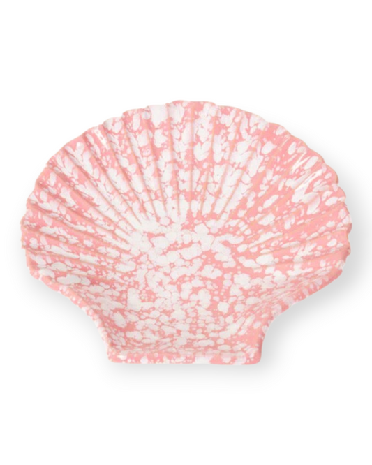 Birdie by Nina Liddle Design Concha ceramic dessert plate in a pink and white speckled seashell shape.