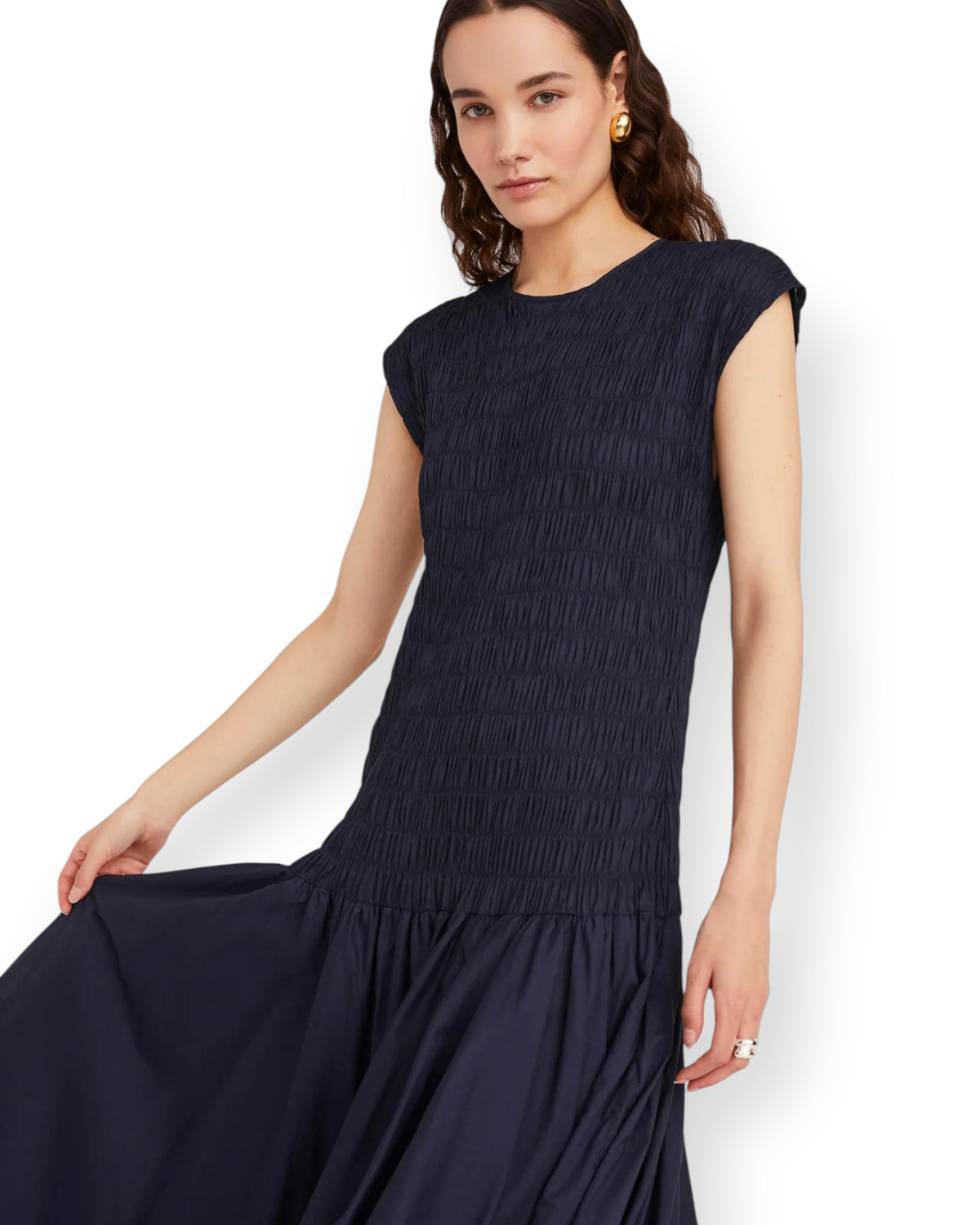 Birdie by Nina Liddle Design Stijl dress in navy blue cotton voile with a smocked bodice and gathered skirt.