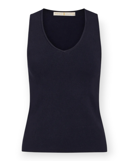 Birdie by Nina Liddle Design Miranda tank in navy blue ribbed knit with a classic V-neckline