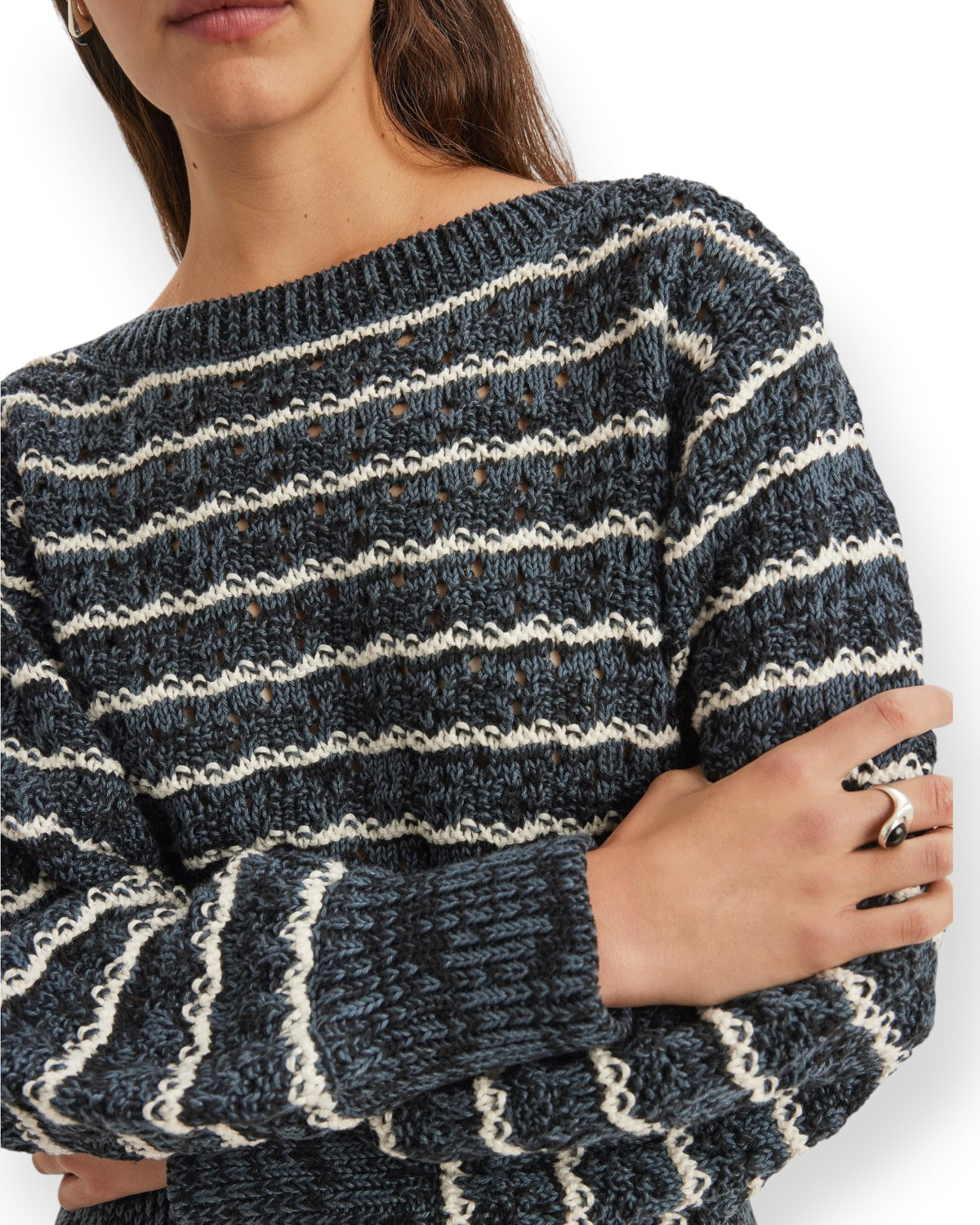 Birdie by Nina Liddle Design Cy sweater in navy and white mercerized cotton with pointelle stripes and boat neckline
