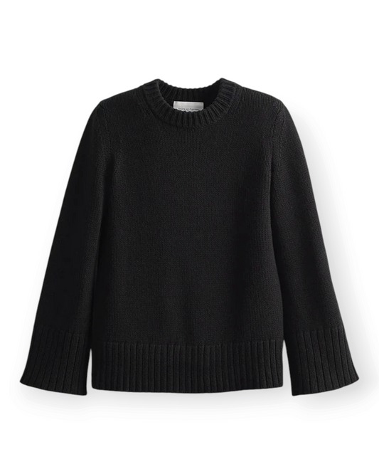 Birdie by Nina Liddle Design black Kittery crewneck sweater in Turkish cotton with bell sleeves and ribbed hem.
