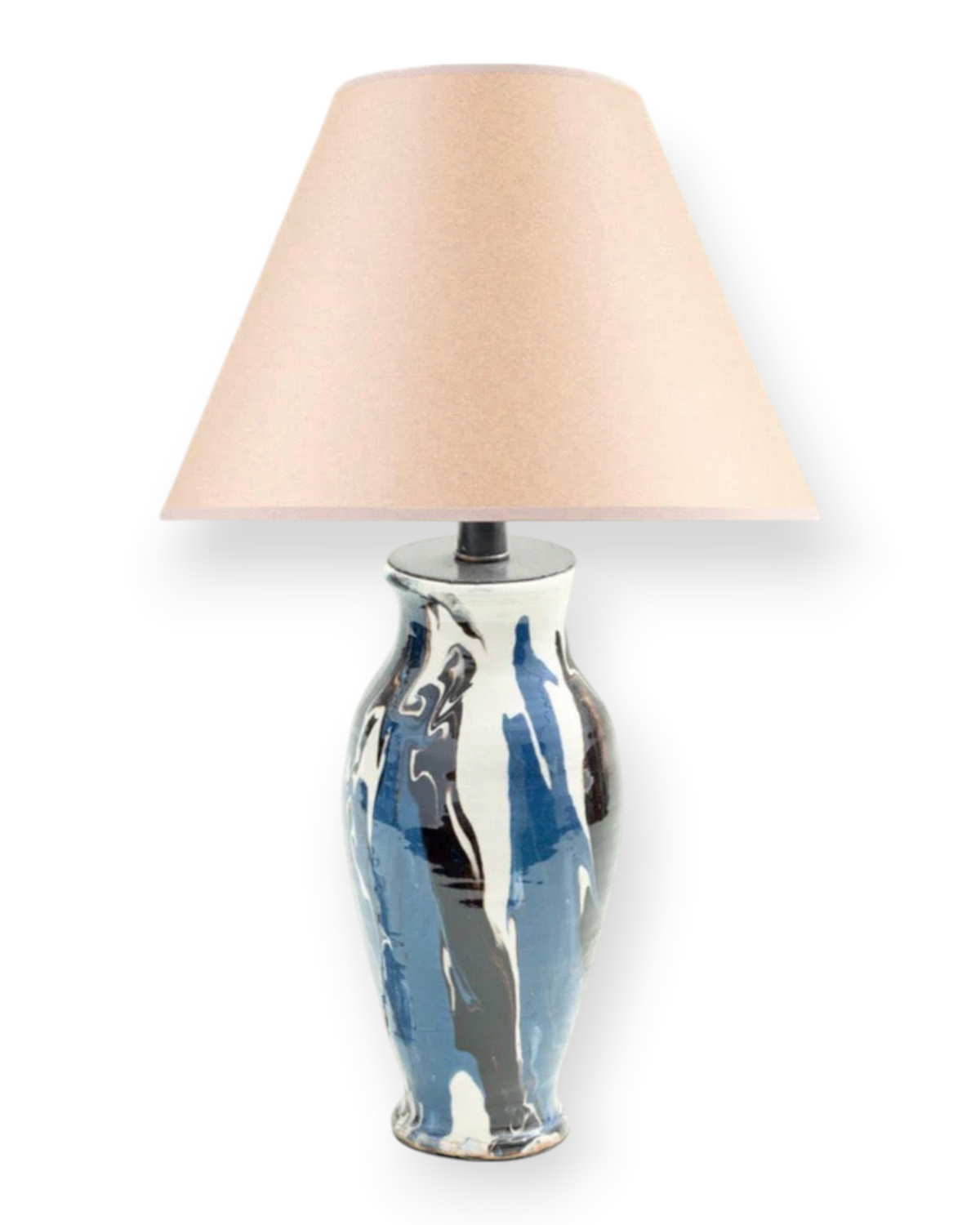 Birdie by Nina Liddle Design Toro Lamp featuring a handcrafted blue, black, and white ceramic base with a beige shade.
