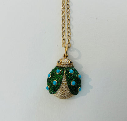Turquoise and Diamond Ladybug Neckalce