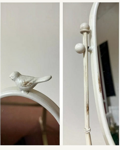 Birdie by Nina Liddle Design vintage table top swing mirror with distressed white finish and decorative bird accent
