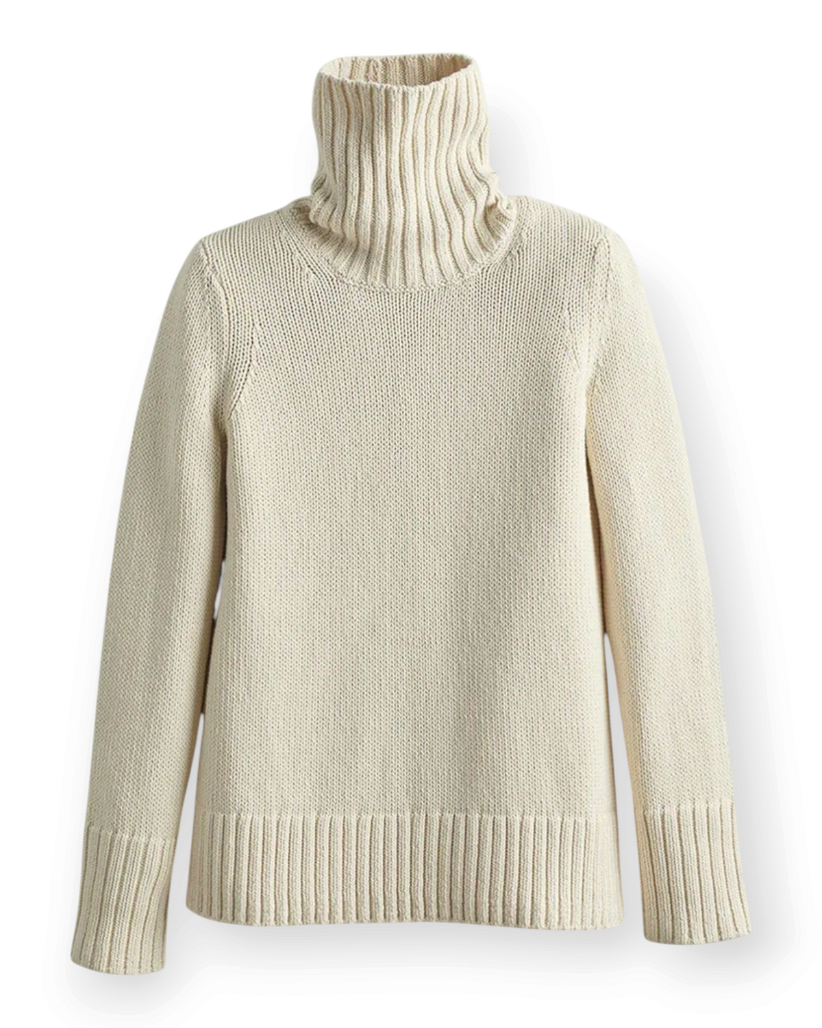 Birdie by Nina Liddle Design Wynn cream cotton turtleneck sweater with bold ribbed collar, cuffs, and hem.