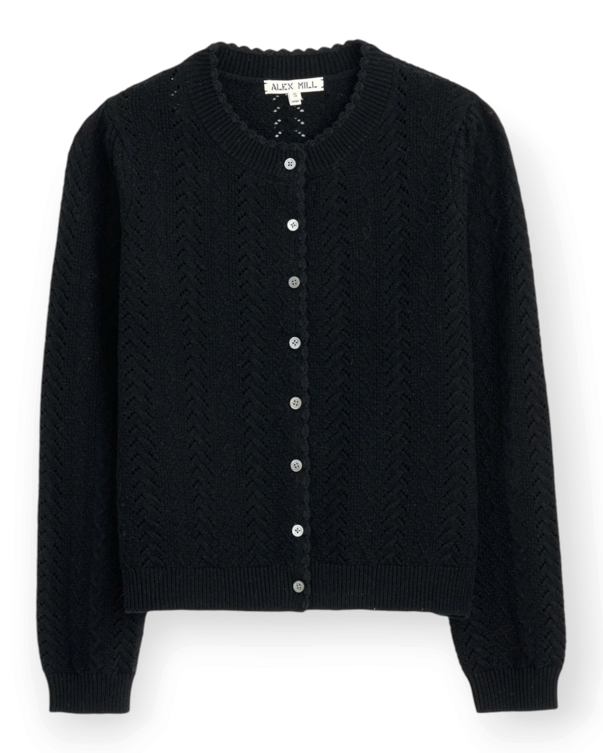Birdie by Nina Liddle Design black Gracie sweater in a merino wool and cotton blend with lace work and shell buttons
