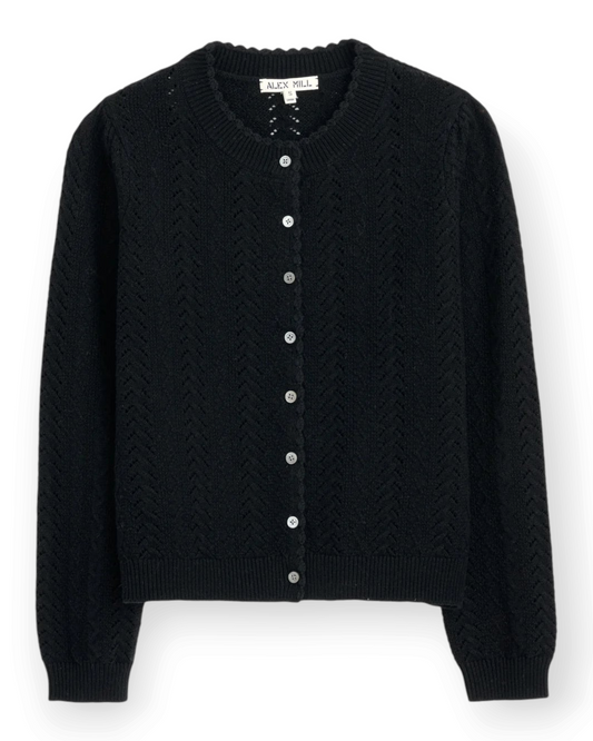 Birdie by Nina Liddle Design black Gracie sweater in a merino wool and cotton blend with lace work and shell buttons