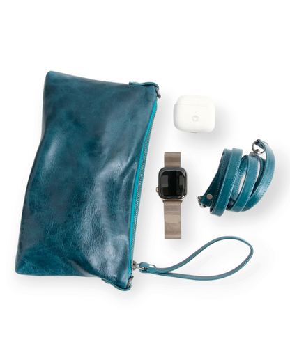 Birdie by Nina Liddle Design teal leather Pinched bottom Traveller Small handbag with silver hardware and strap