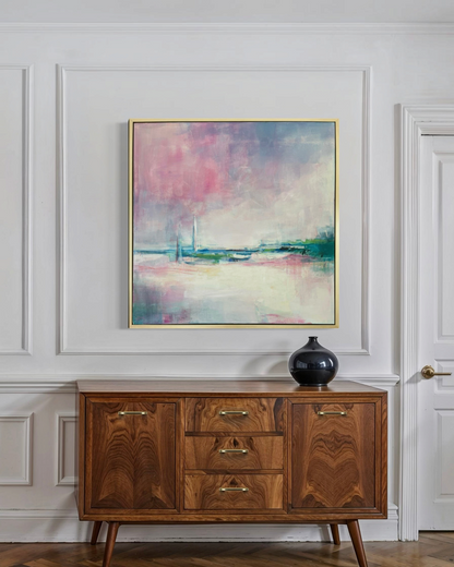 Birdie by Nina Liddle Design Blush Tide abstract mixed media painting in a maple frame hanging above a wooden sideboard.
