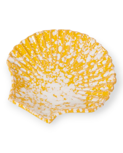 Birdie by Nina Liddle Design Concha ceramic dessert plate in a vibrant yellow and white speckled shell shape.