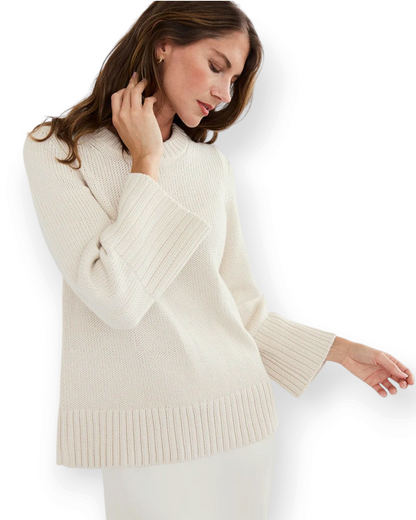 Birdie by Nina Liddle Design cream Turkish cotton crewneck sweater with bell sleeves and ribbed hem on a model