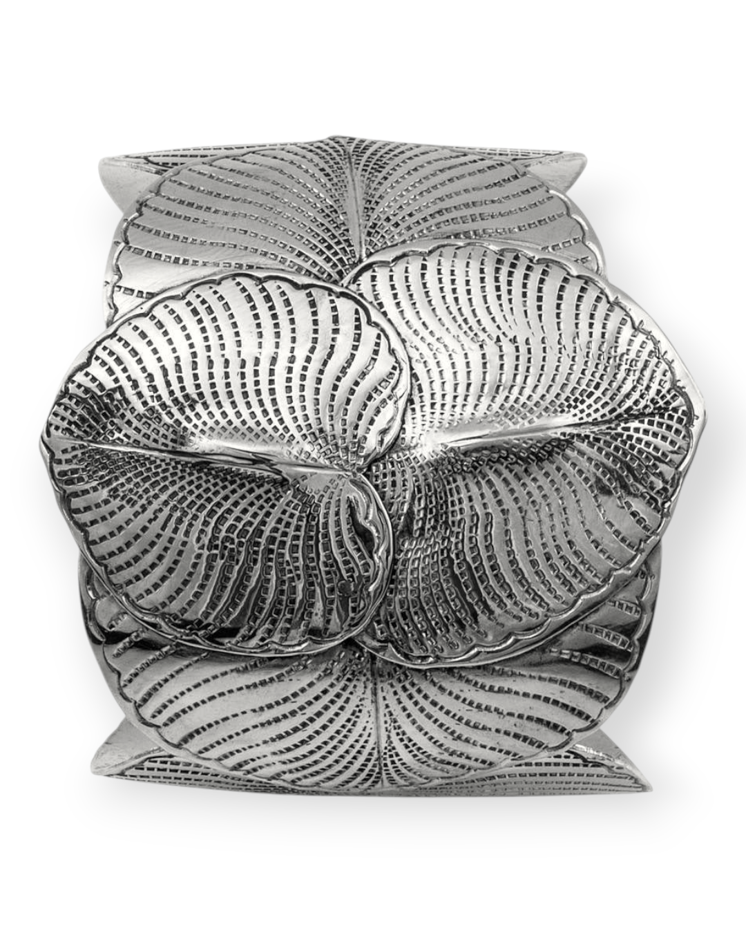 Birdie by Nina Liddle Design silver-toned metal cuff bracelet featuring a detailed eucalyptus leaf pattern.