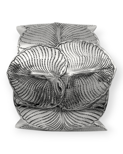 Birdie by Nina Liddle Design silver-toned metal cuff bracelet featuring a detailed eucalyptus leaf pattern.